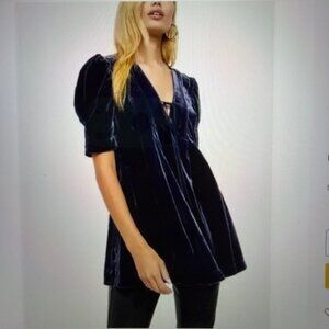Free People  Adelle Velvet Tunic/Super Mini Dress Tie V Neck Indigo/Purple M